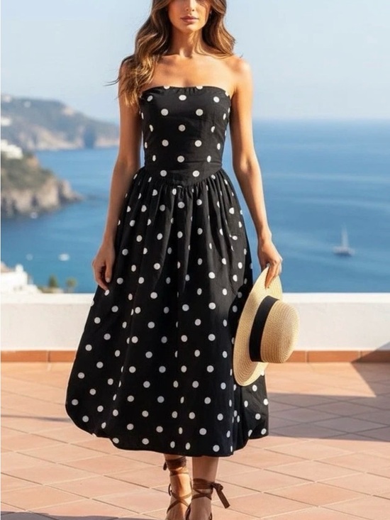 Tulip Dresses & Skirts - Elegant Black Strapless Polka Dot Midi Dress 👗